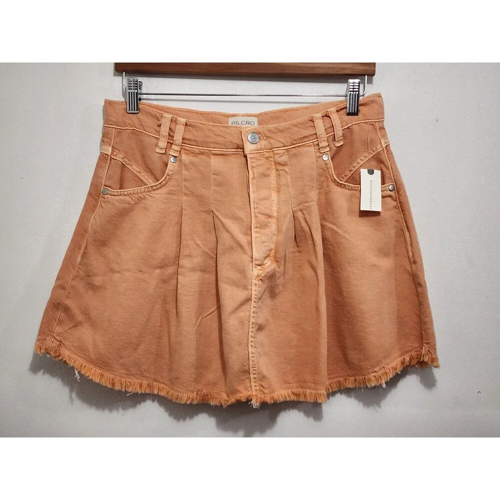 Anthropologie Pilcro Pleated Denim Mini Skirt Orange Fray Hem Button Fly Sz 10